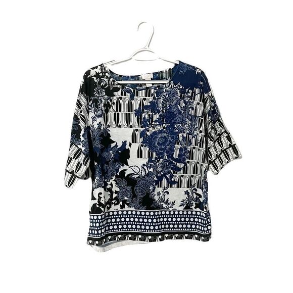 🟢Chico's Blue Black White Embellished Elbow Sleeve Floral Top Size 2 - Picture 1 of 5